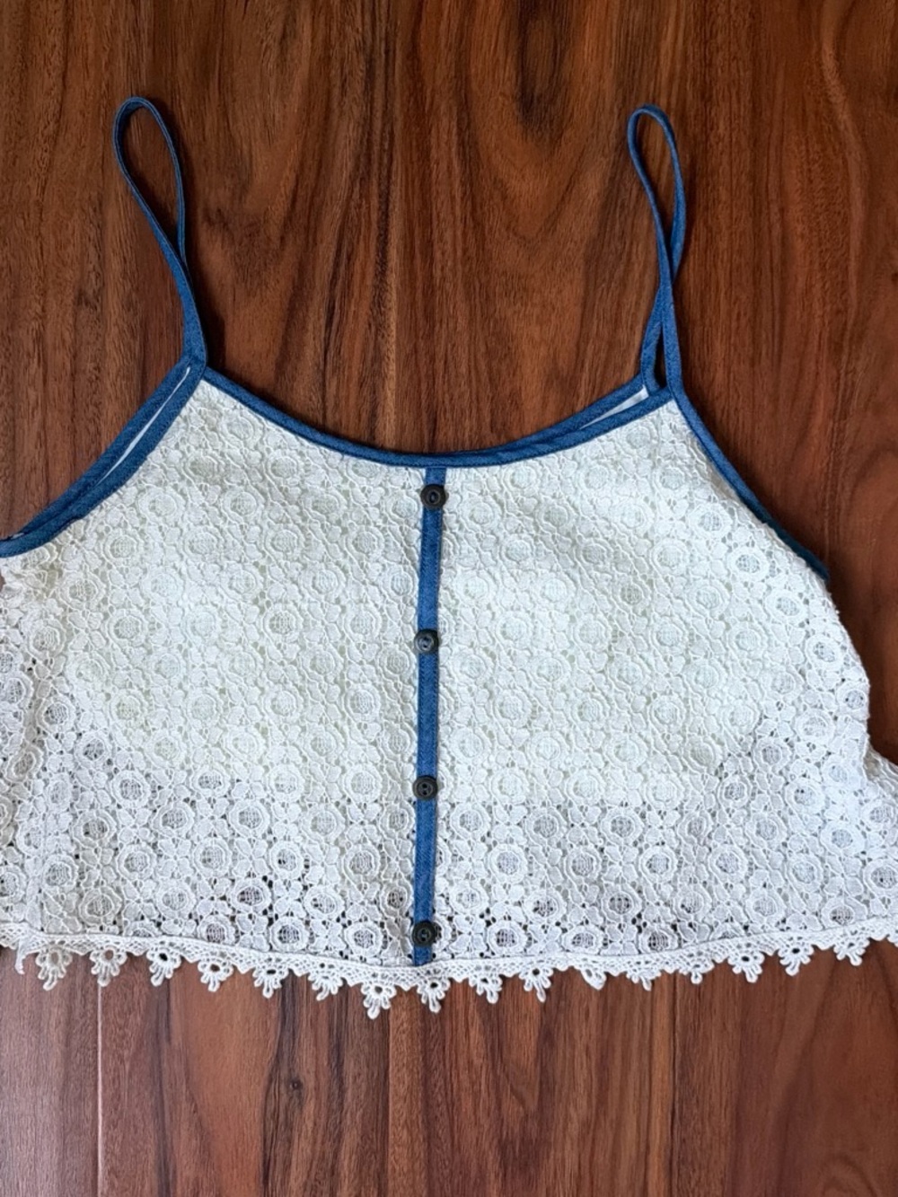 Paper Crane White Lace Crop Camisole with Blue Trim